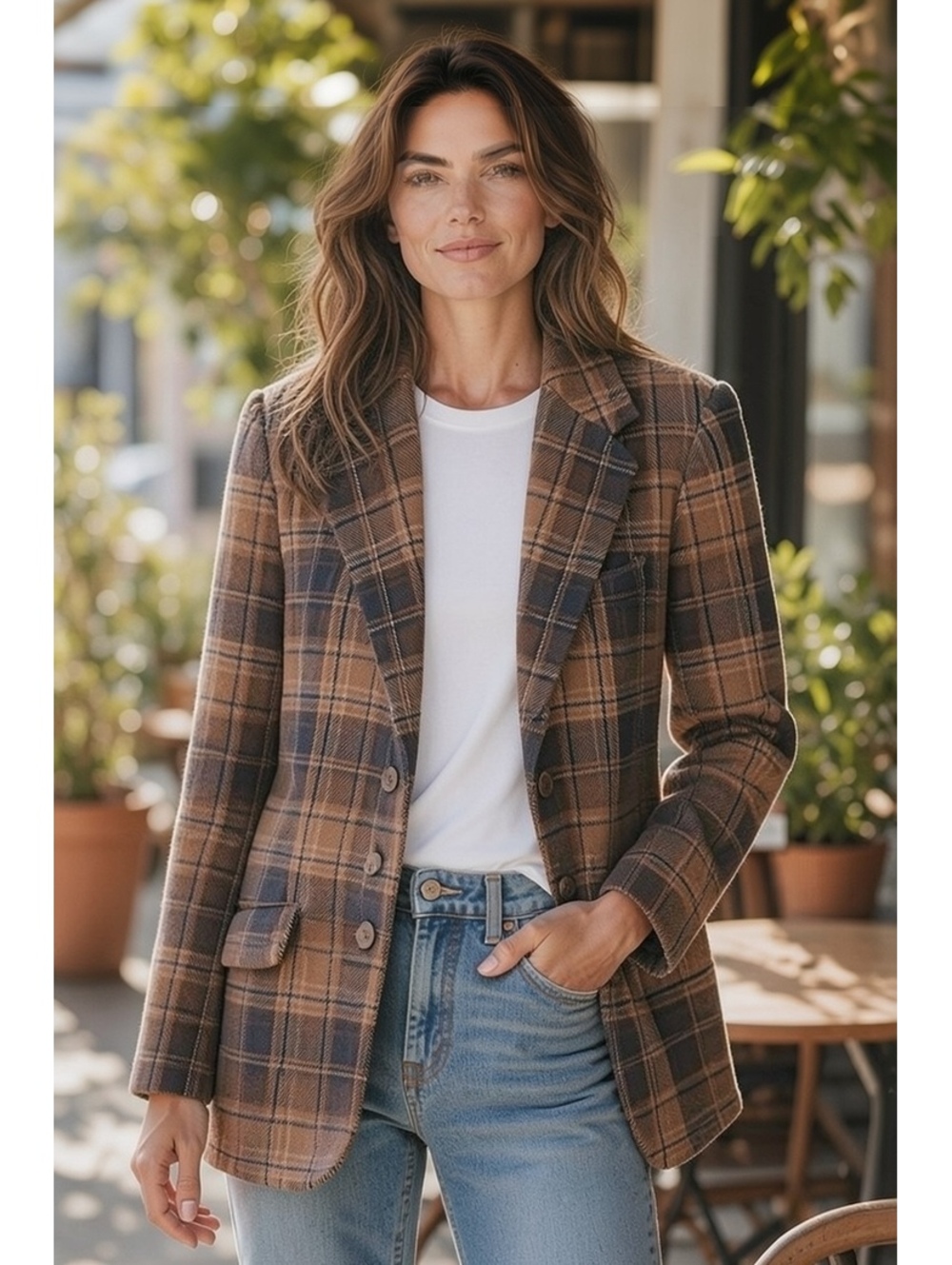 Vintage 90s White Stag Women’s Size 12 Wool Blend Plaid Blazer Brown Black